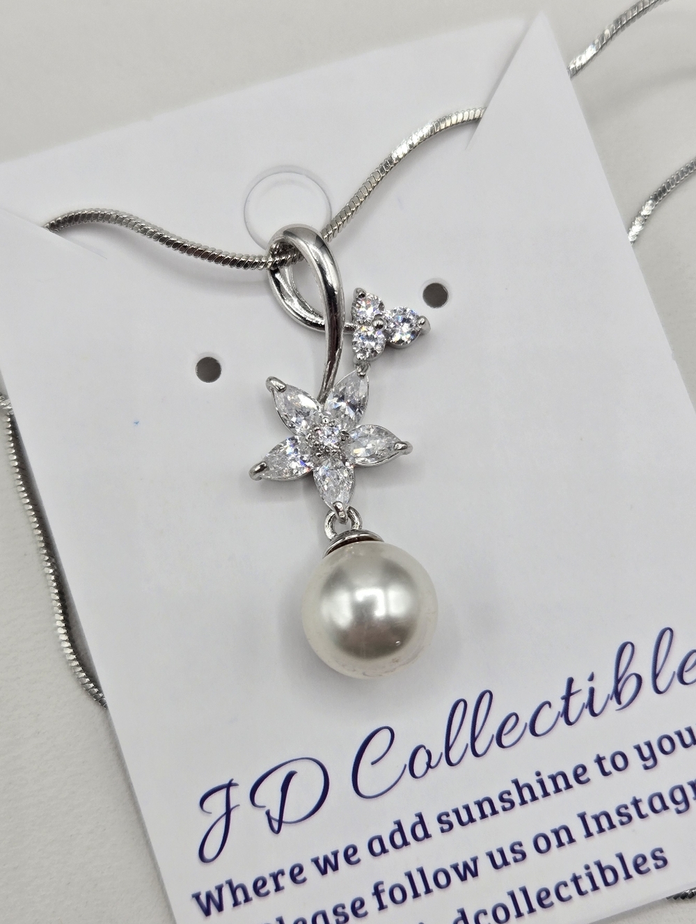 Swarovski Crystal Elements Silver Floral Necklace White Pearl 18 - 20 inch Prom